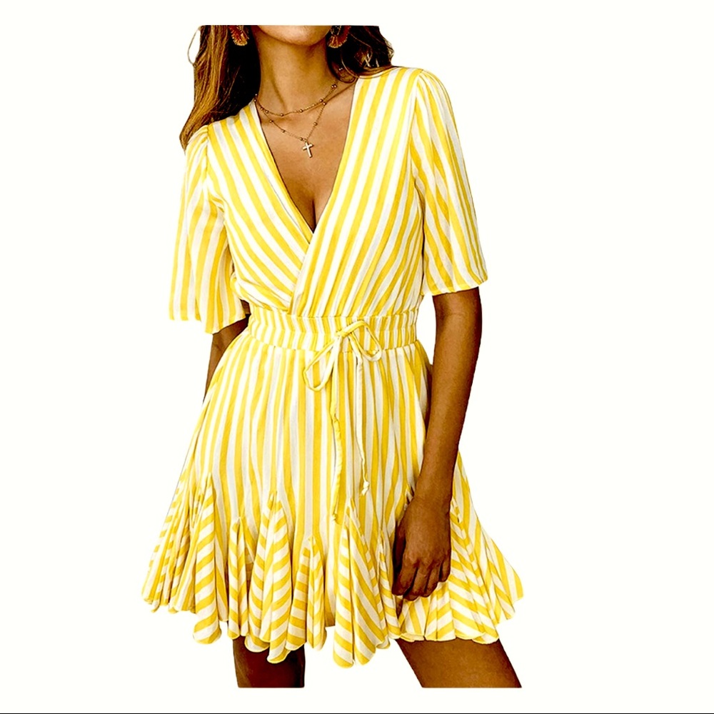 Deep V-Neck ShortSleeve Striped Pleated Mini Dress